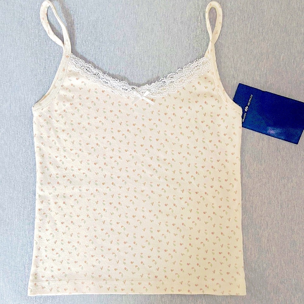Brandy Melville Rose Pink & Green Floral Lace Ribbon Trim Cami Tank Top NWT